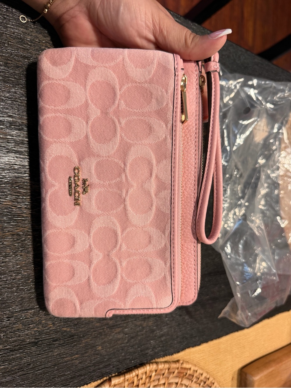 Coach Pink Signature Wristlet Clutch with Gold Logo